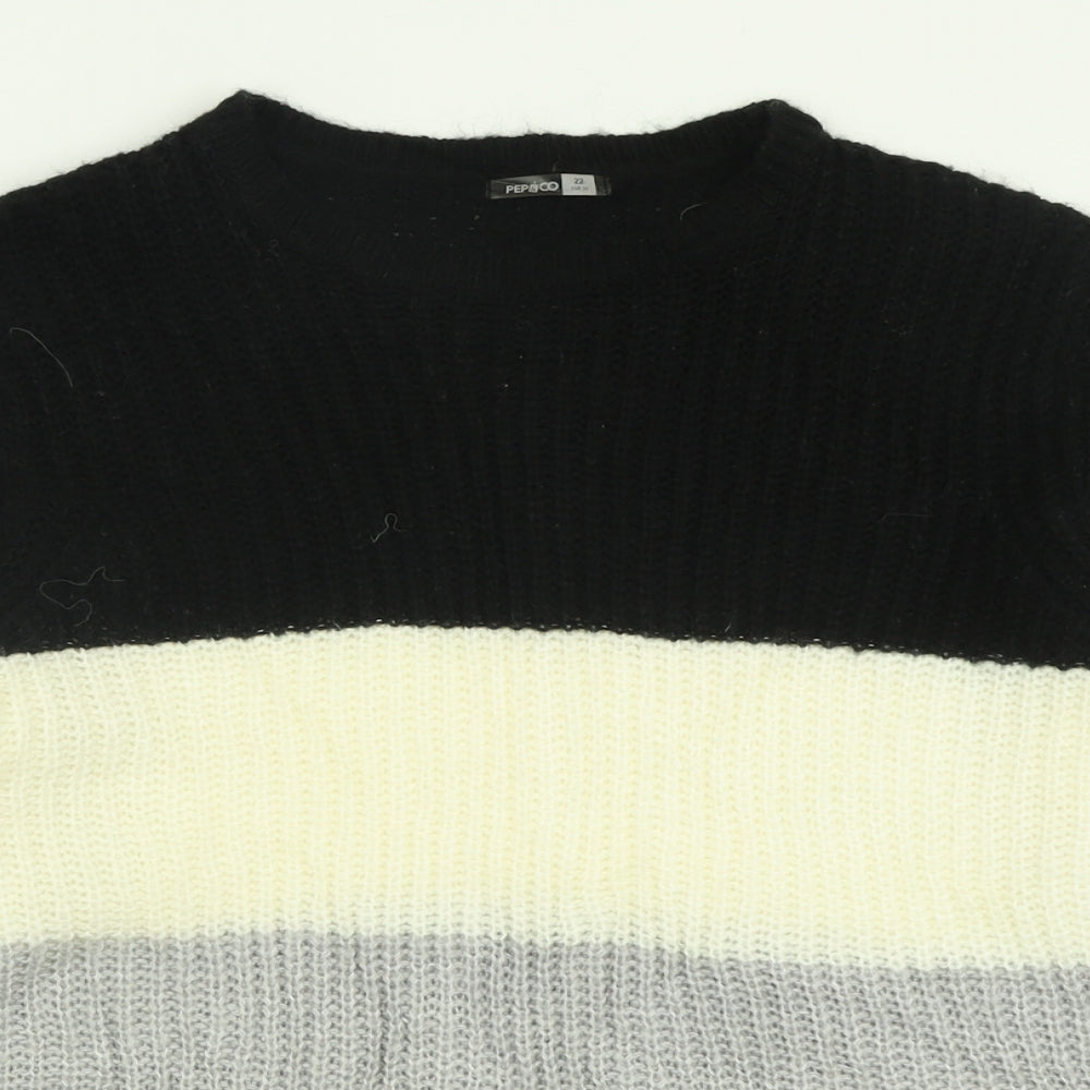 pep&co Womens Grey Crew Neck Striped Acrylic Pullover Jumper Size 22