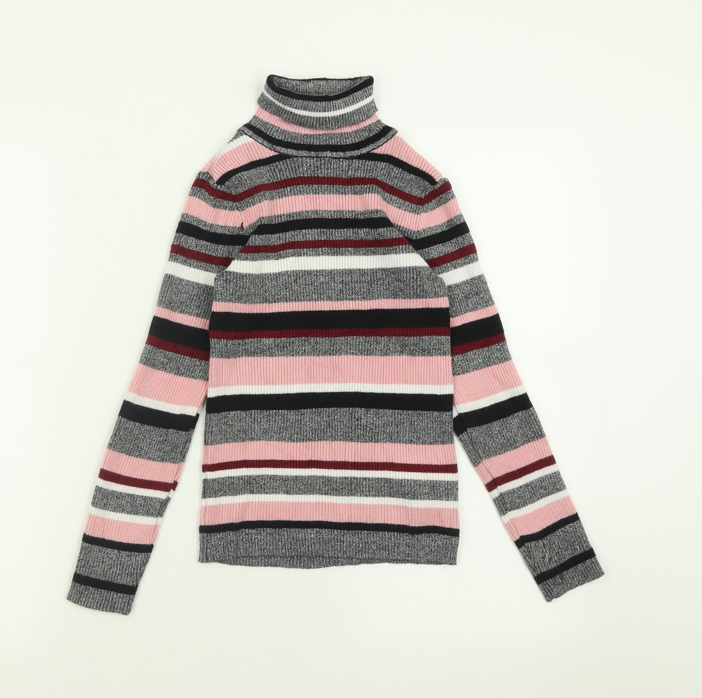 Primark Girls Pink Roll Neck Striped Polyester Pullover Jumper Size 11-12 Years  Pullover