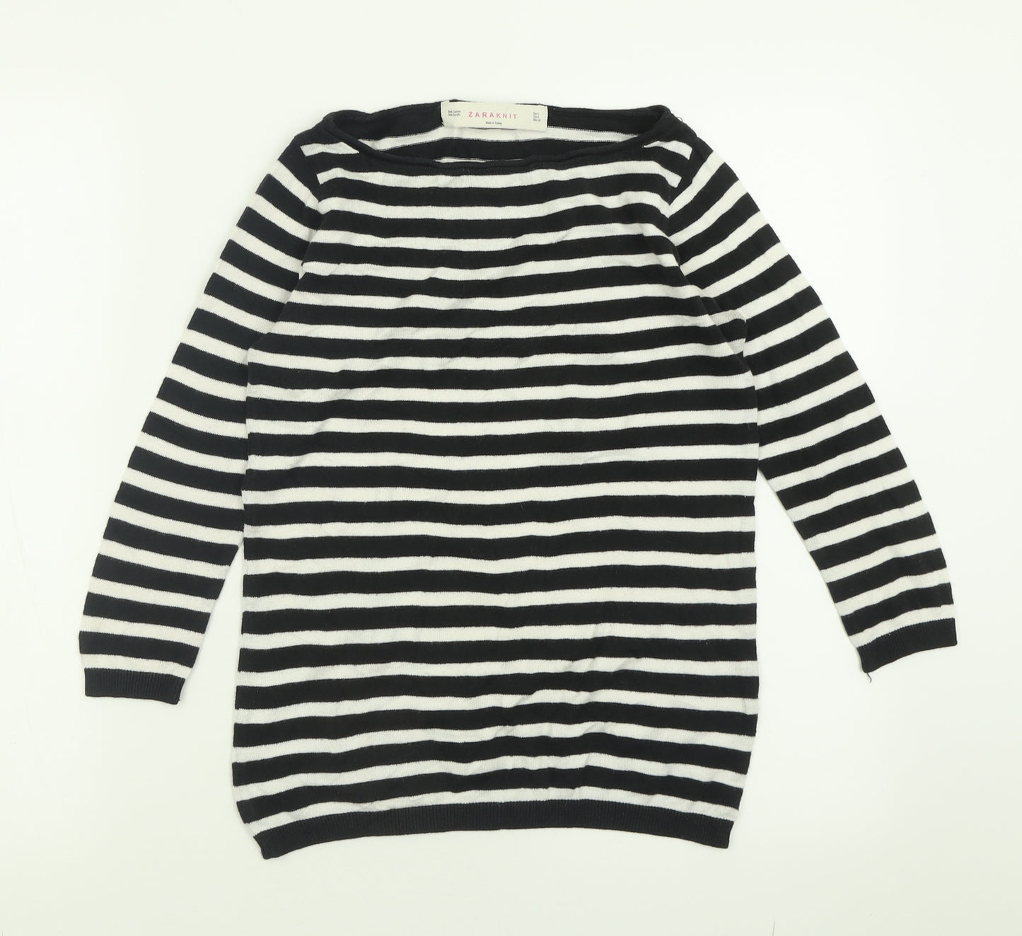 Zara Womens Black Crew Neck Striped Acrylic Pullover Jumper Size S