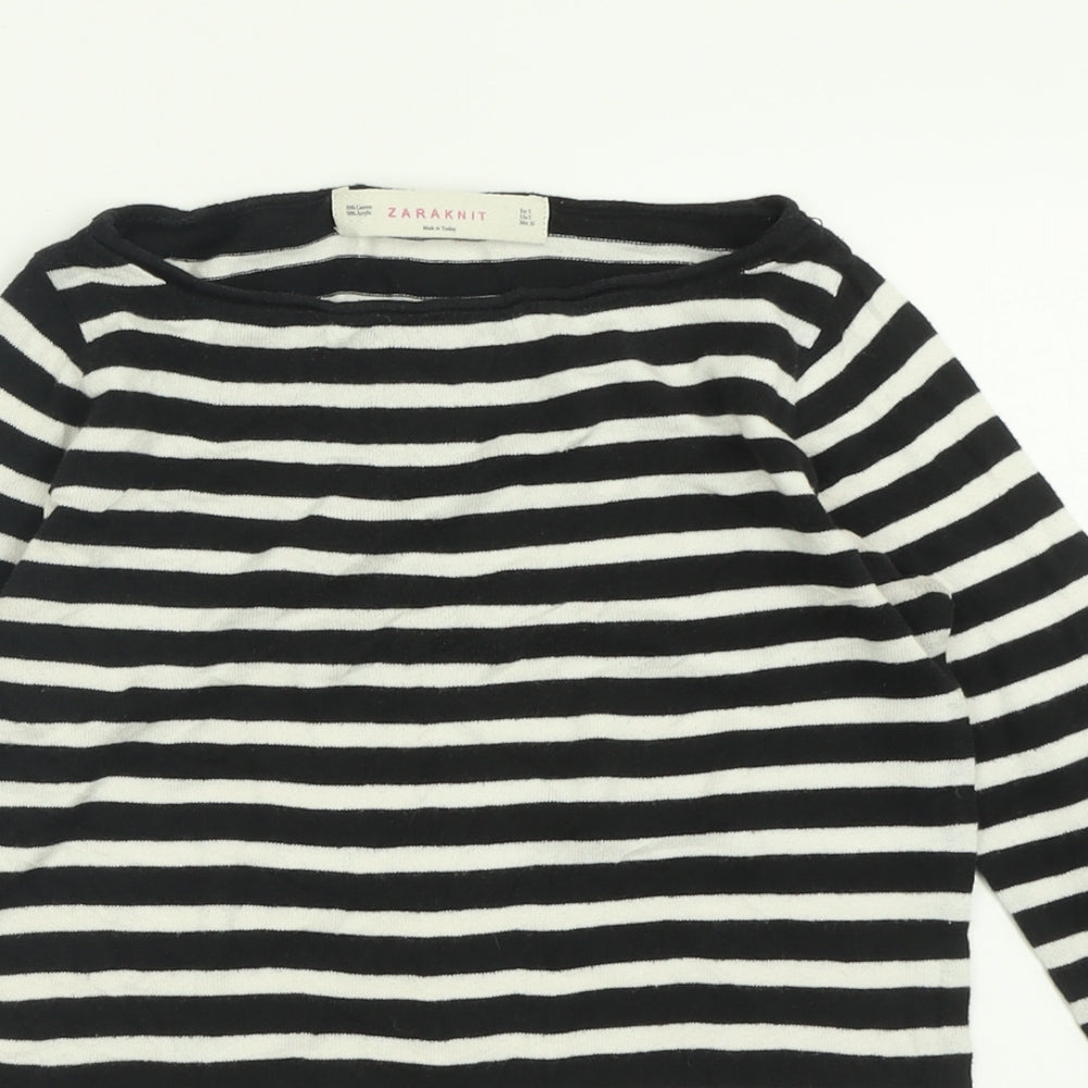 Zara Womens Black Crew Neck Striped Acrylic Pullover Jumper Size S