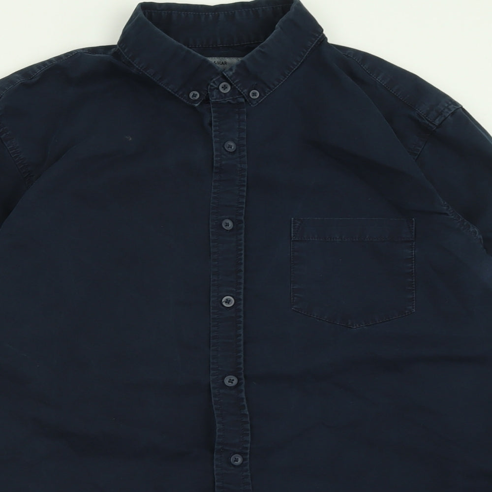 Pull&Bear Mens Blue  Cotton  Button-Up Size L Collared Button