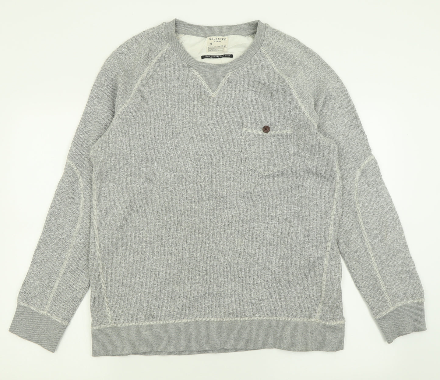 Selected Mens Grey Crew Neck  Cotton Pullover Jumper Size XL
