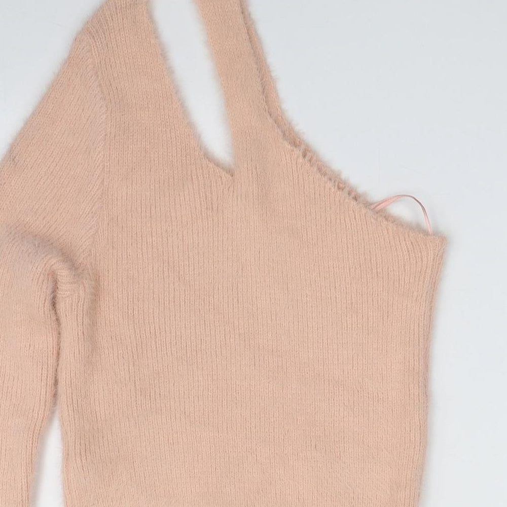 Missguided Womens Pink Round Neck  Acrylic Pullover Jumper Size 6   - One Shoulder; One Sleeve