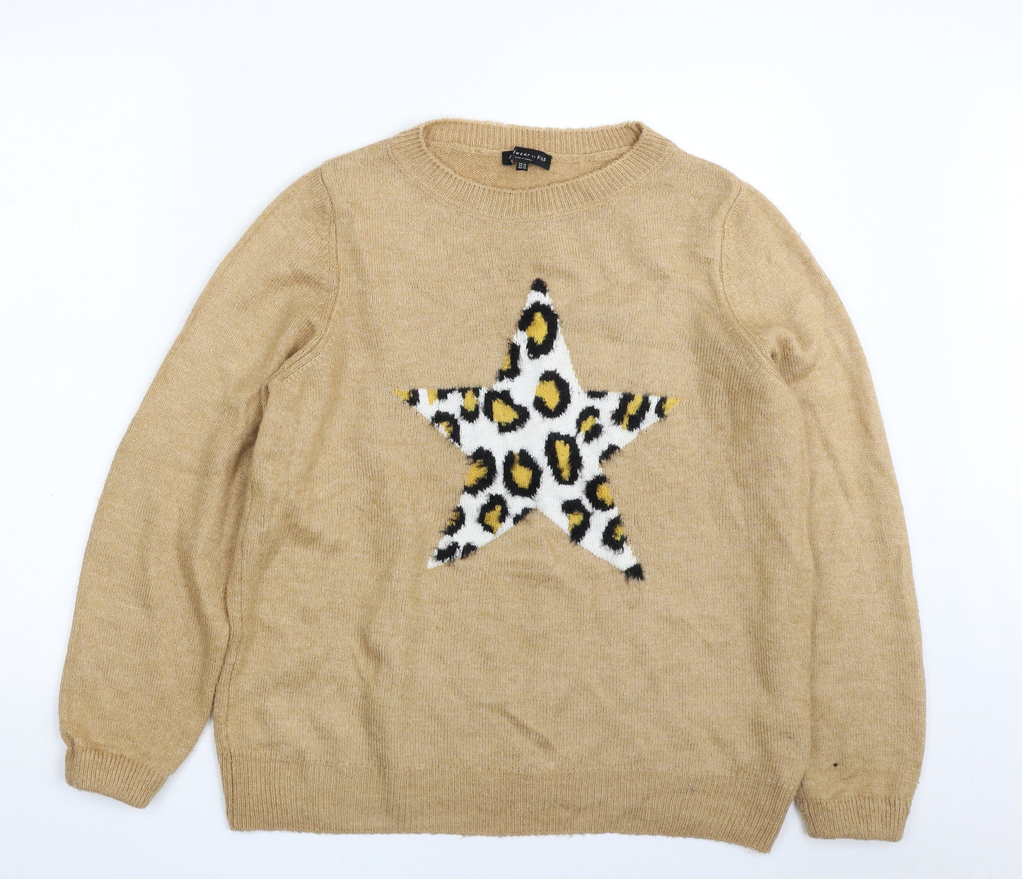 F&F Womens Beige Crew Neck Animal Print Acrylic Pullover Jumper Size 14