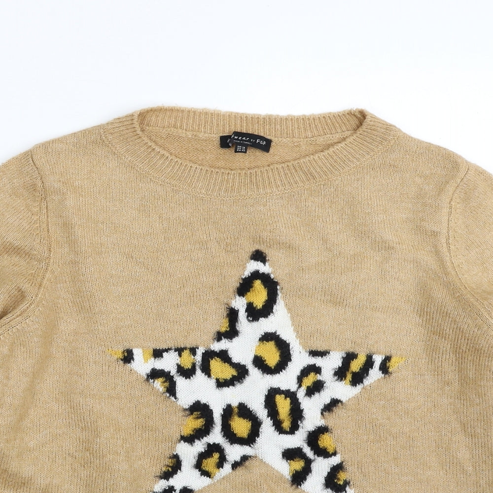F&F Womens Beige Crew Neck Animal Print Acrylic Pullover Jumper Size 14