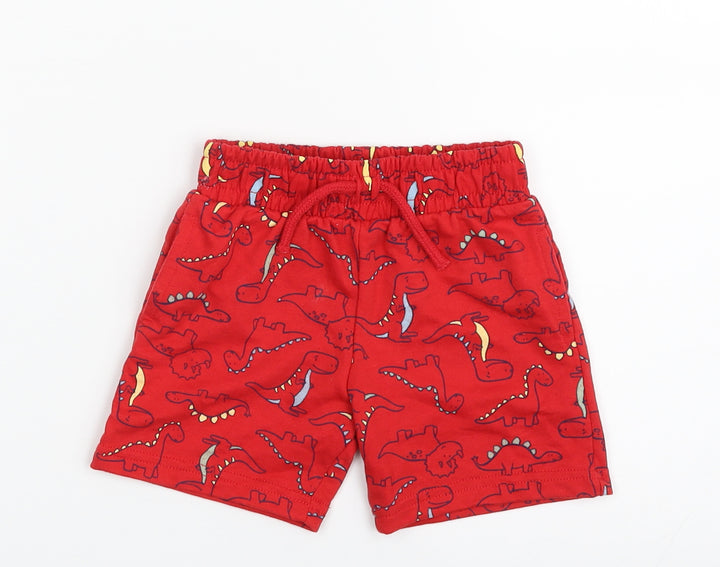Dunnes Stores Boys Red Cotton Cropped Leggings Size 12-18 Months Drawstring - Dinosaur