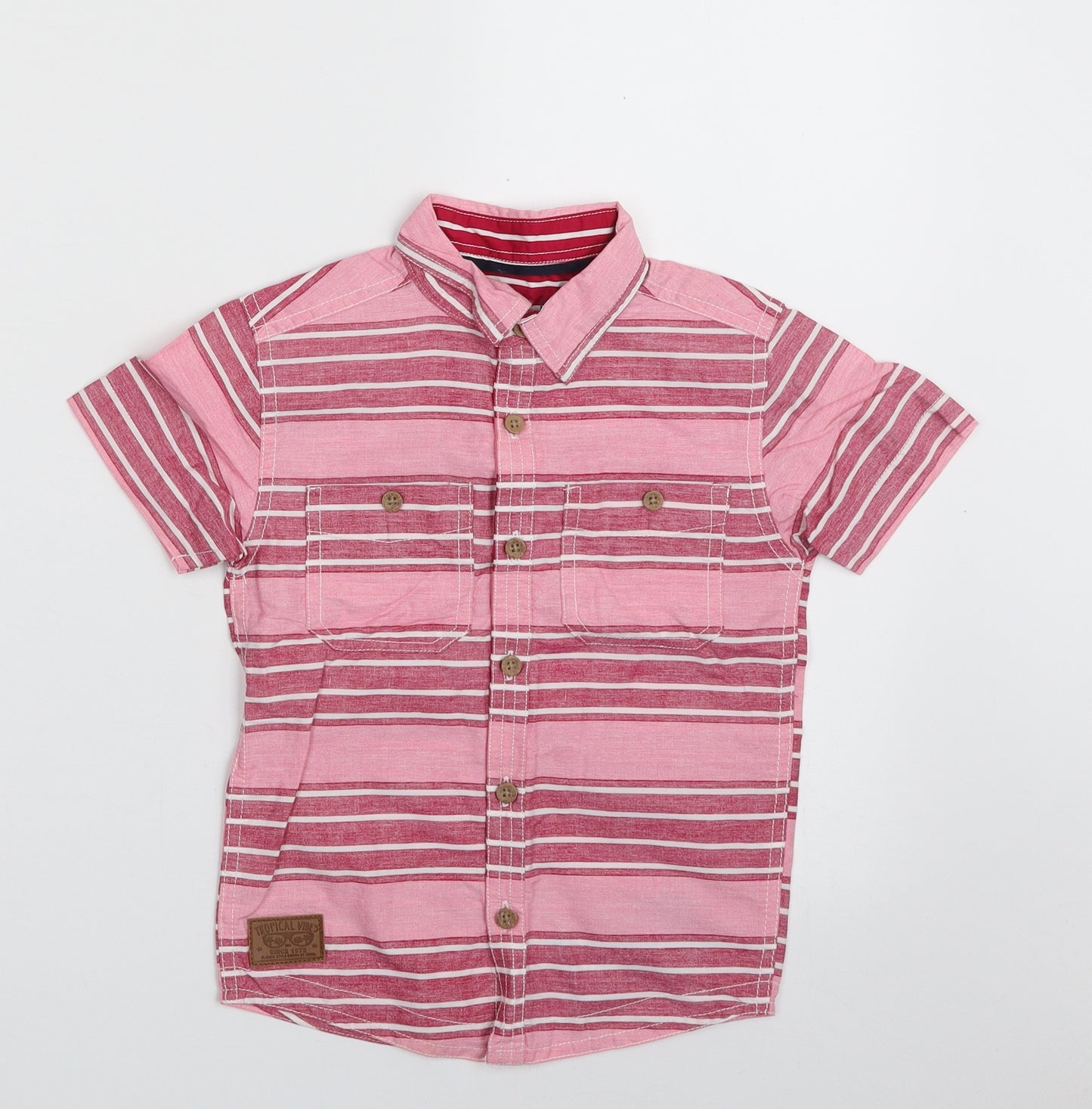 Primark Boys Pink Striped 100% Cotton Basic Button-Up Size 4-5 Years Collared Button - Tropical Vibes