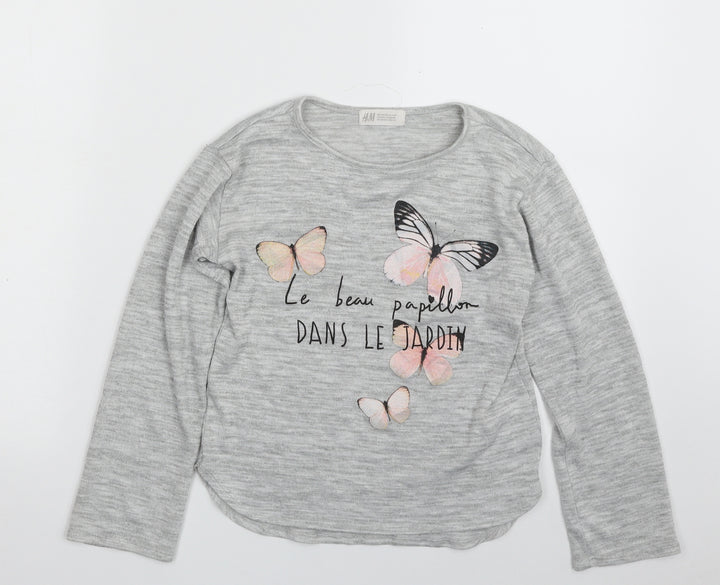 H&M Girls Grey Crew Neck Polyester Pullover Jumper Size 8-9 Years Pullover - Butterfly