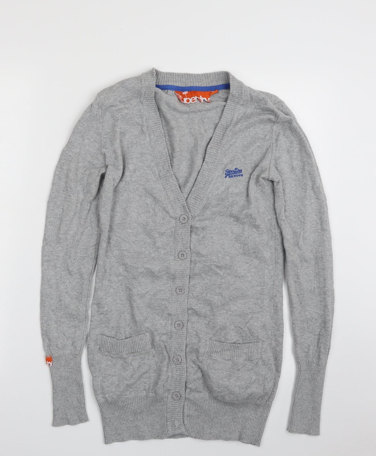Superdry Womens Grey V-Neck  100% Cotton Cardigan Jumper Size S