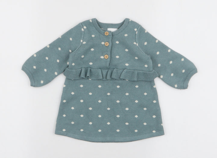 NEXT Girls Blue Polka Dot Viscose A-Line  Size 0-3 Months  Round Neck Button