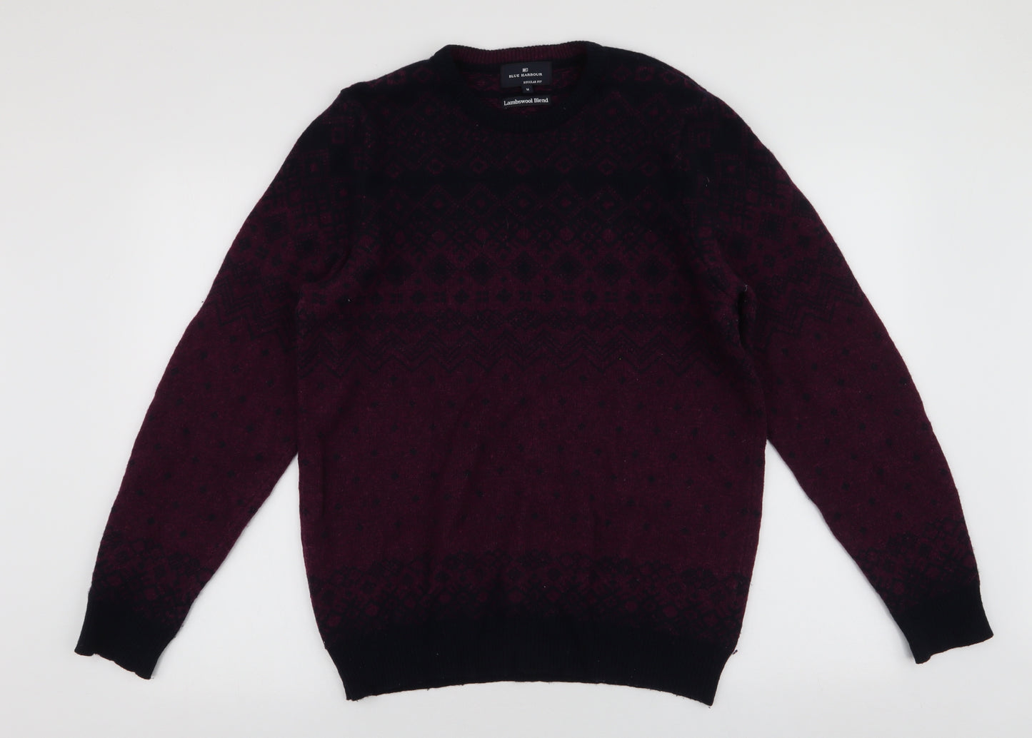 Blue Harbour Mens Red Round Neck Fair Isle Wool Pullover Jumper Size M