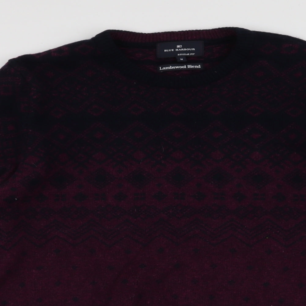 Blue Harbour Mens Red Round Neck Fair Isle Wool Pullover Jumper Size M