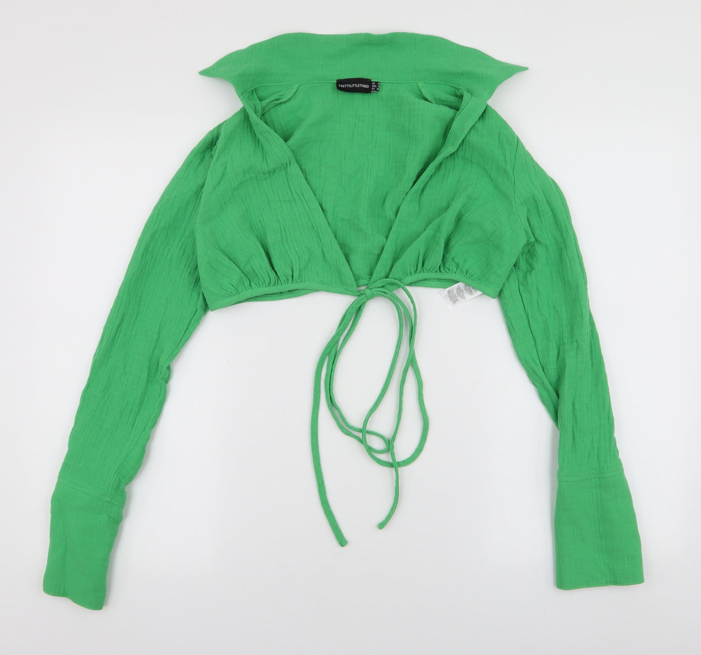 PRETTYLITTLETHING Womens Green  Cotton Basic Blouse Size 8 Collared