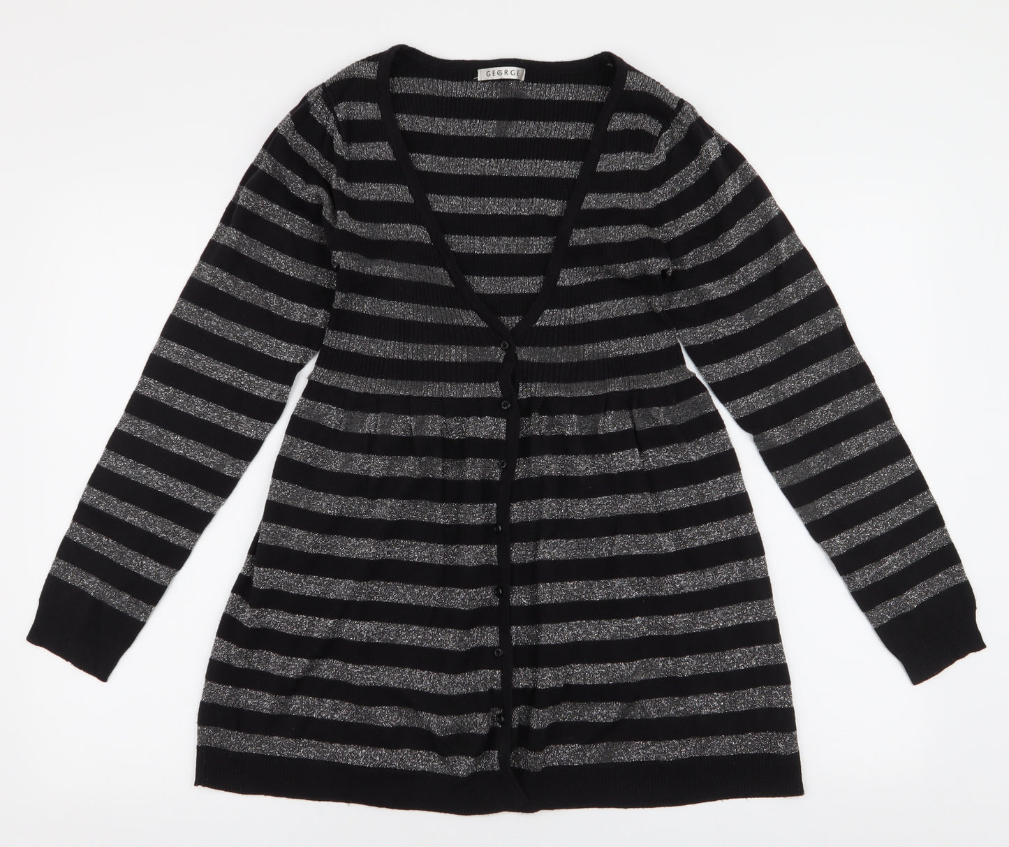 George Womens Black V-Neck Striped Acrylic Cardigan Jumper Size 10