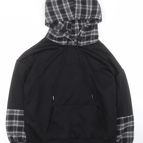 SheIn Mens Black Plaid Polyester Pullover Hoodie Size S