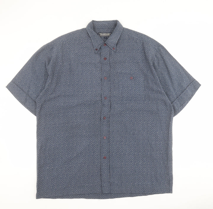 Trademark Mens Blue Geometric Polyester Button-Up Size L Collared Button