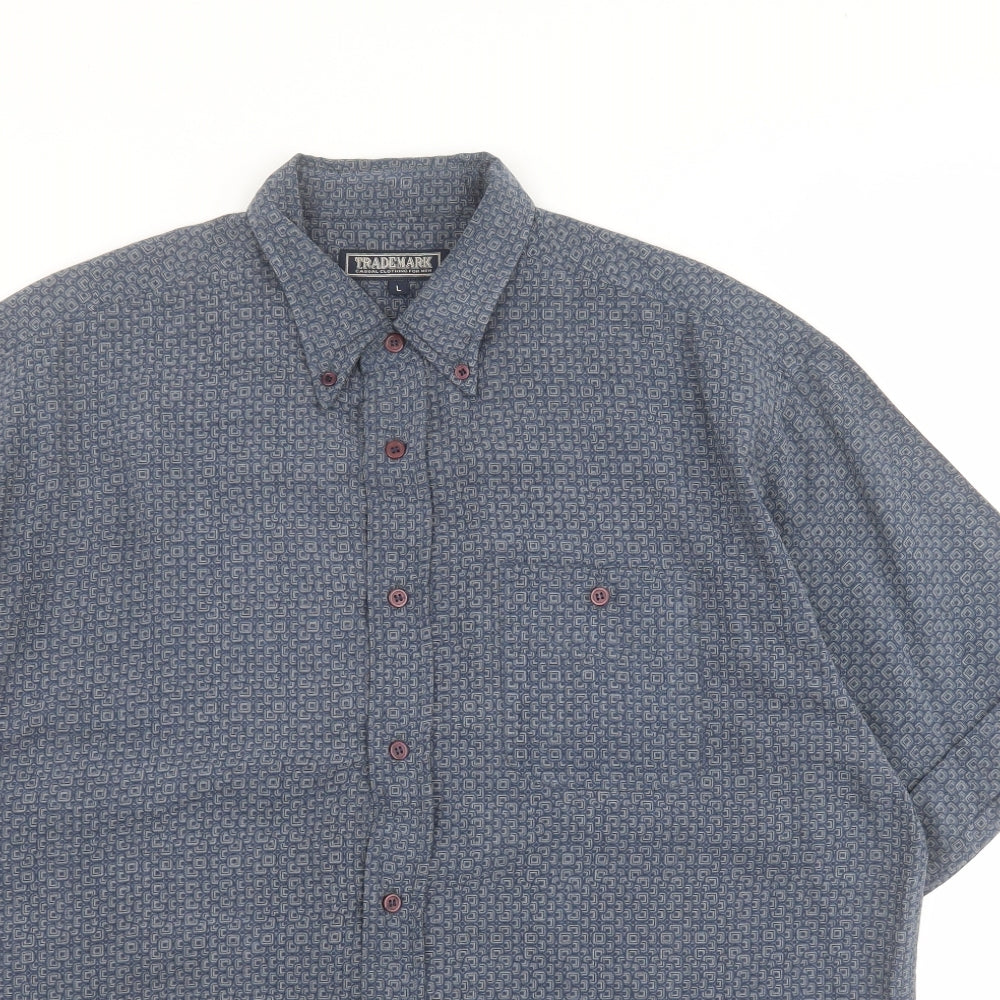 Trademark Mens Blue Geometric Polyester  Button-Up Size L Collared Button