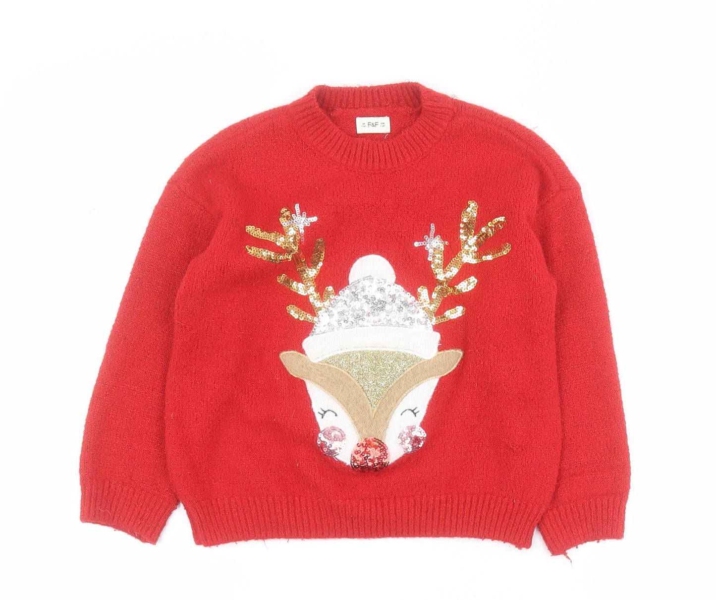 F&F Girls Red Mock Neck  Polyester Pullover Jumper Size 7-8 Years  Pullover - Christmas