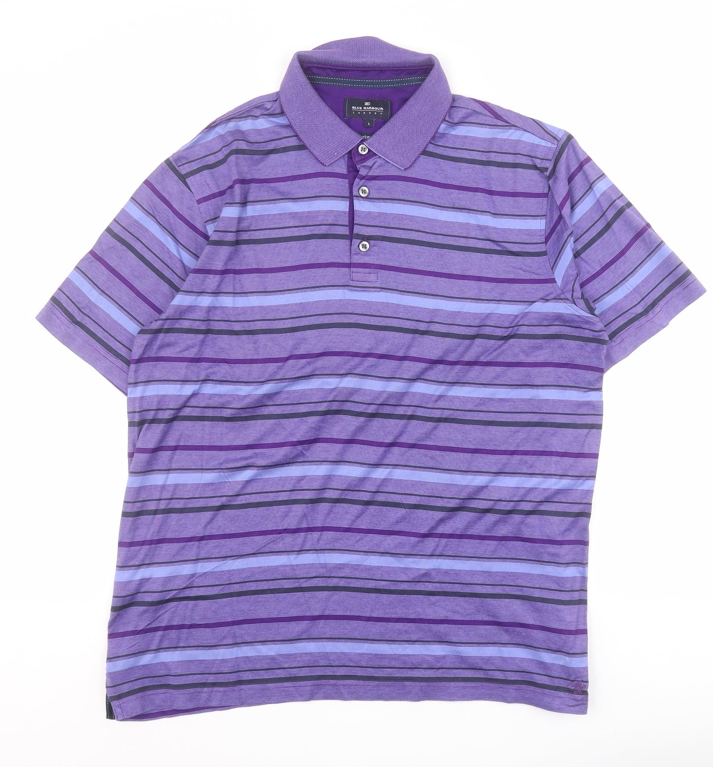 Marks and Spencer Mens Purple Striped 100% Cotton  Polo Size L Collared Button