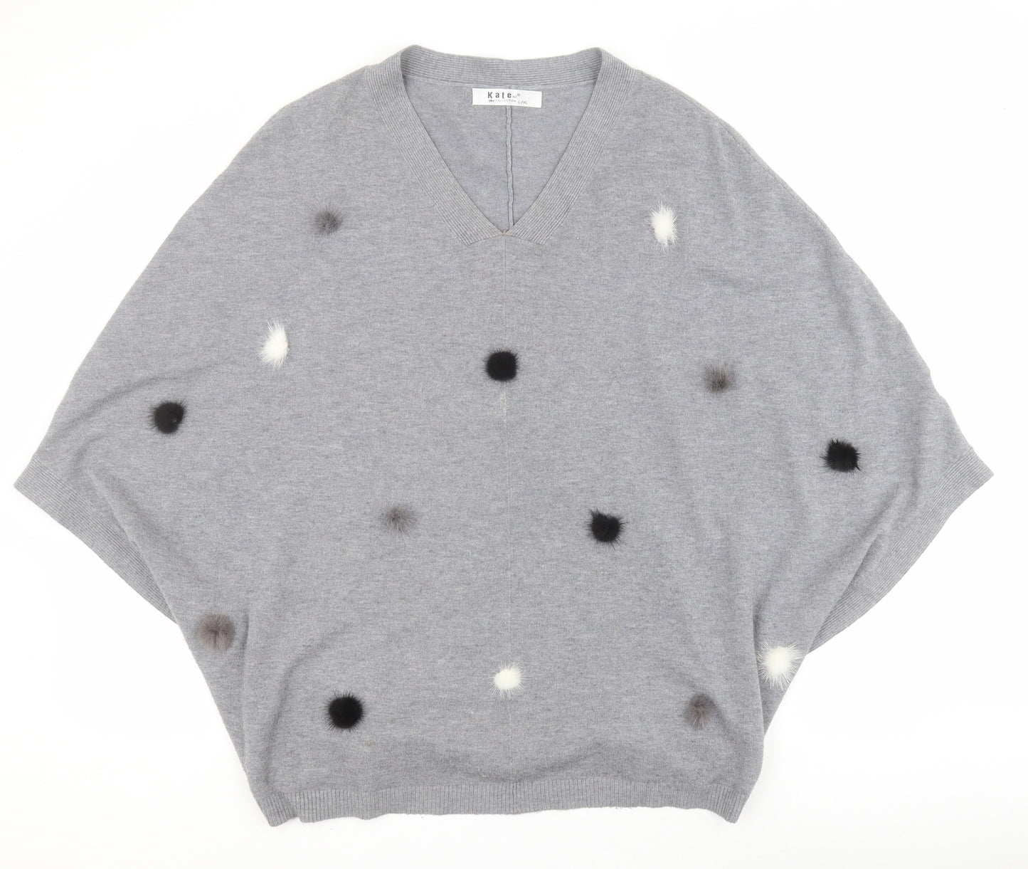 Kate Collection Womens Grey V-Neck  Viscose Pullover Jumper Size L   - Pom Pom