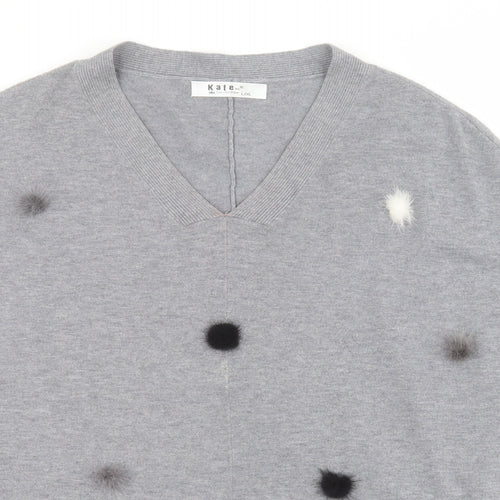 Kate Collection Womens Grey V-Neck  Viscose Pullover Jumper Size L   - Pom Pom