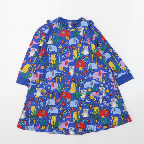 Mini Club Girls Blue Spotted Cotton Jumper Dress  Size 2-3 Years  Round Neck Pullover - Cute animal print