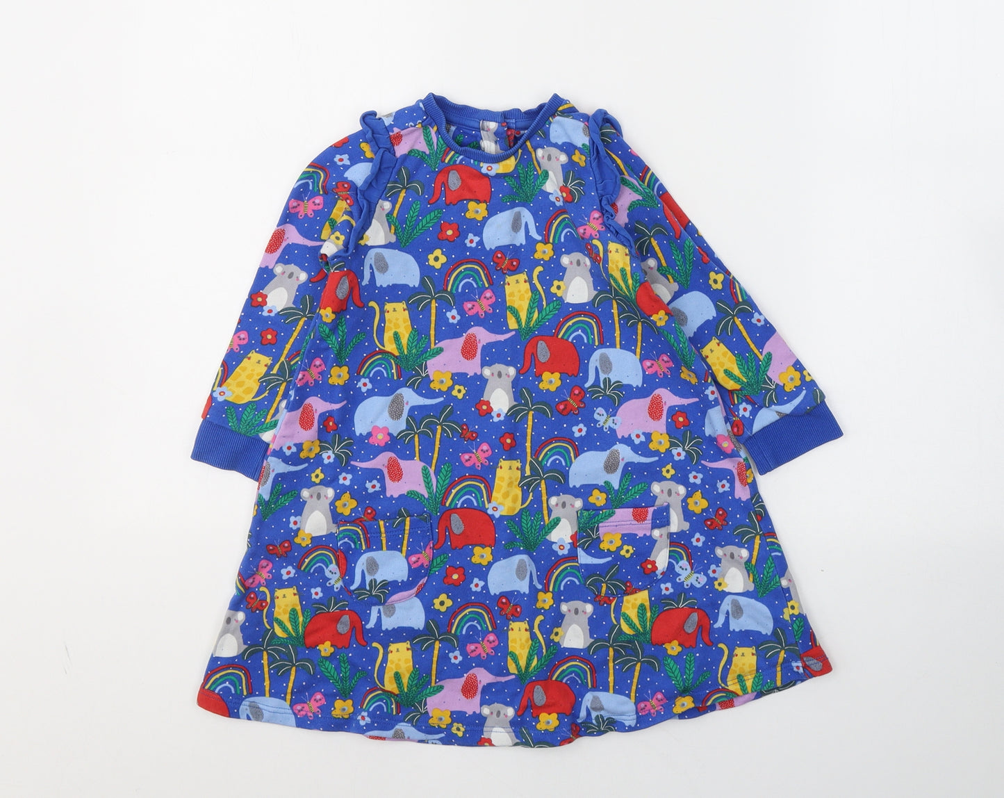 Mini Club Girls Blue Spotted Cotton Jumper Dress  Size 2-3 Years  Round Neck Pullover - Cute animal print