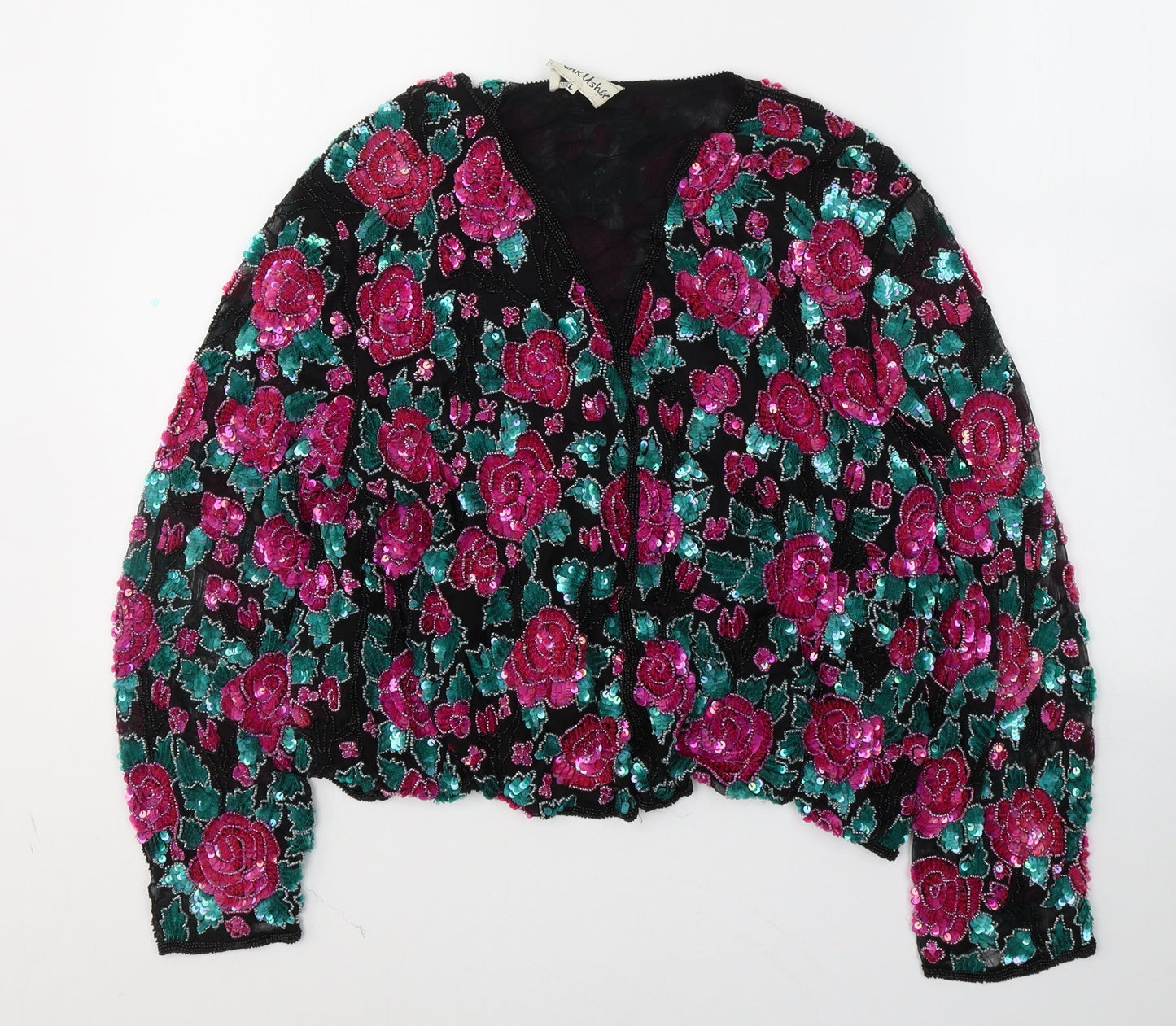Frunk Ushce Womens Black Floral  Jacket Blazer Size L  Buckle - Roses