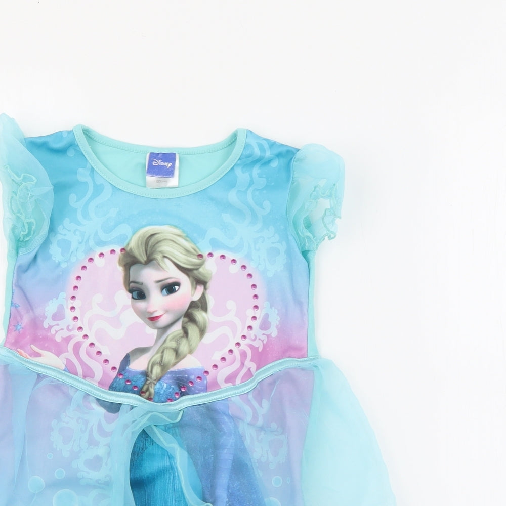 Disney Girls Blue  Polyester T-Shirt Dress  Size 3-4 Years  Round Neck  - Frozen