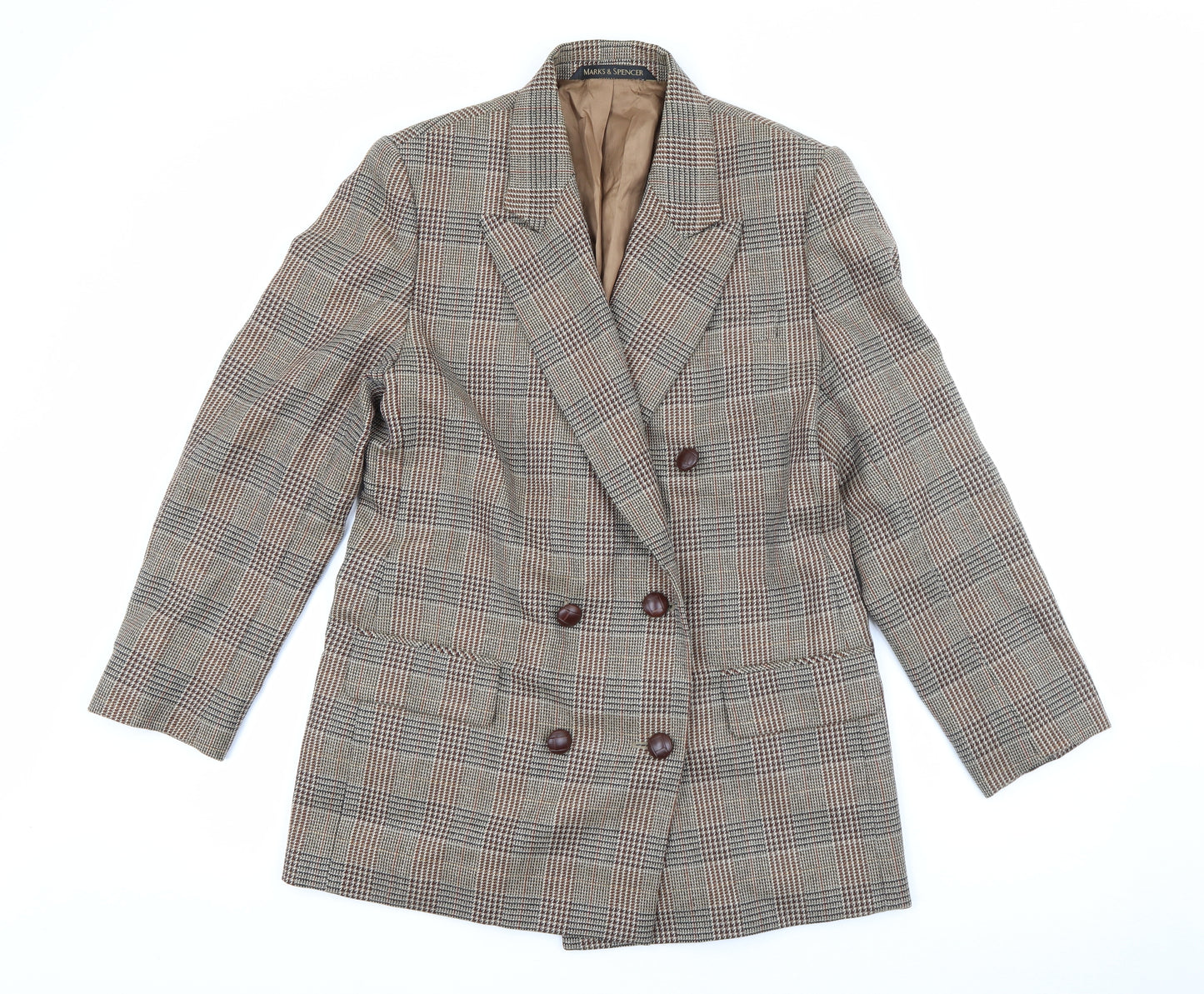 Marks and Spencer Womens Brown Plaid Wool Jacket Blazer Size 14