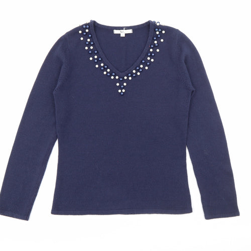 Klass Womens Blue V-Neck  Acrylic Pullover Jumper Size S