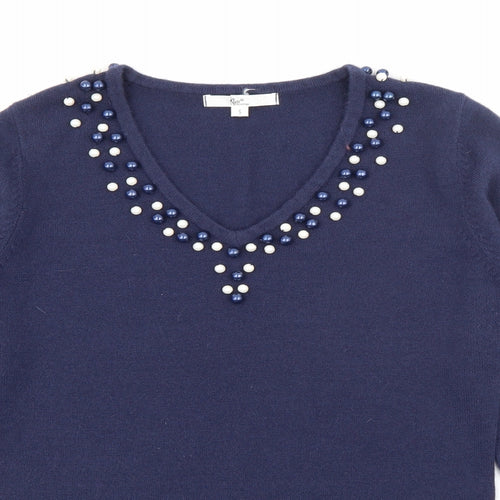 Klass Womens Blue V-Neck  Acrylic Pullover Jumper Size S
