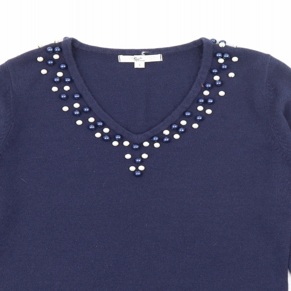 Klass Womens Blue V-Neck  Acrylic Pullover Jumper Size S