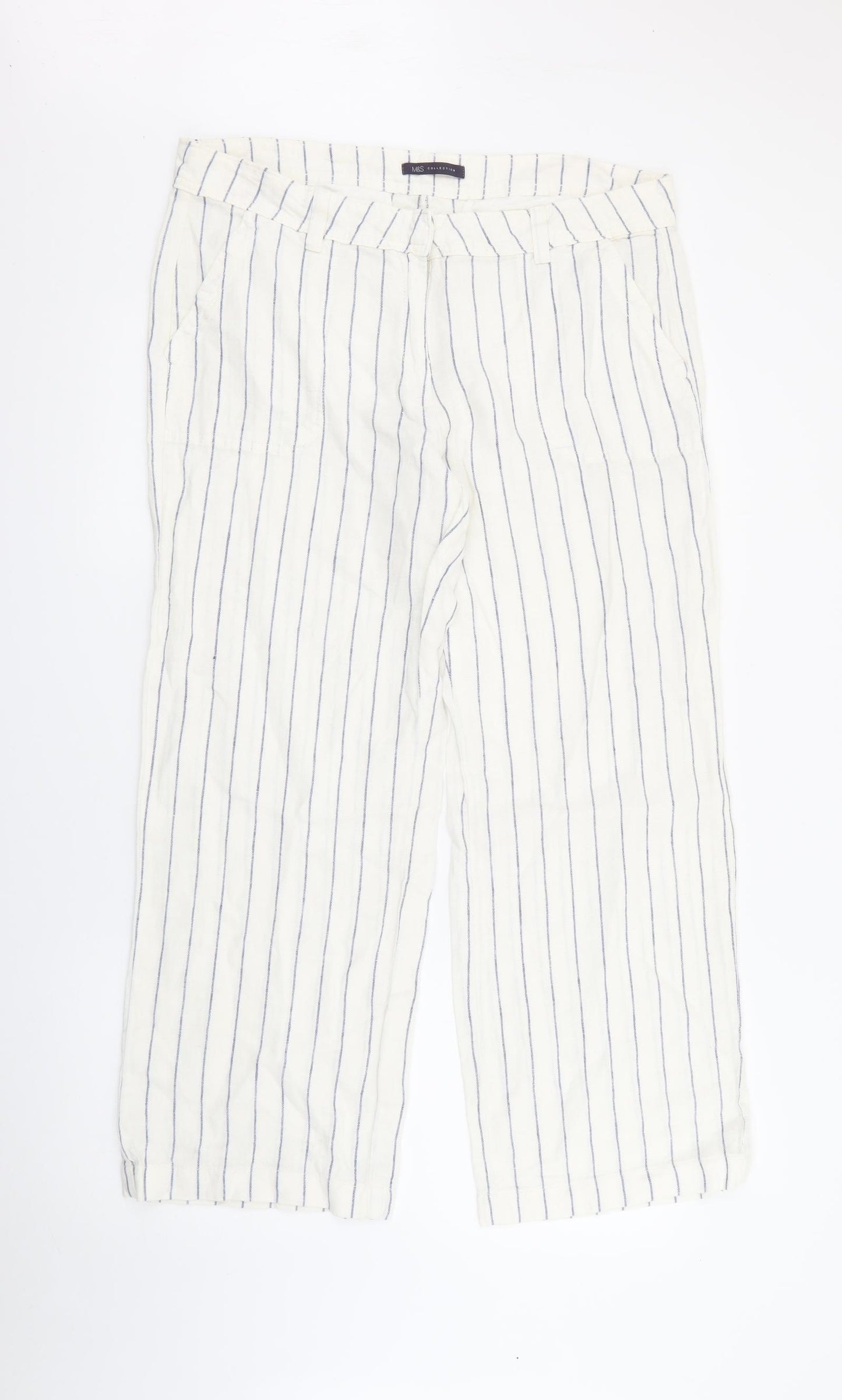 Marks and Spencer Womens White Striped Linen Trousers  Size 16 L28 in Regular Zip