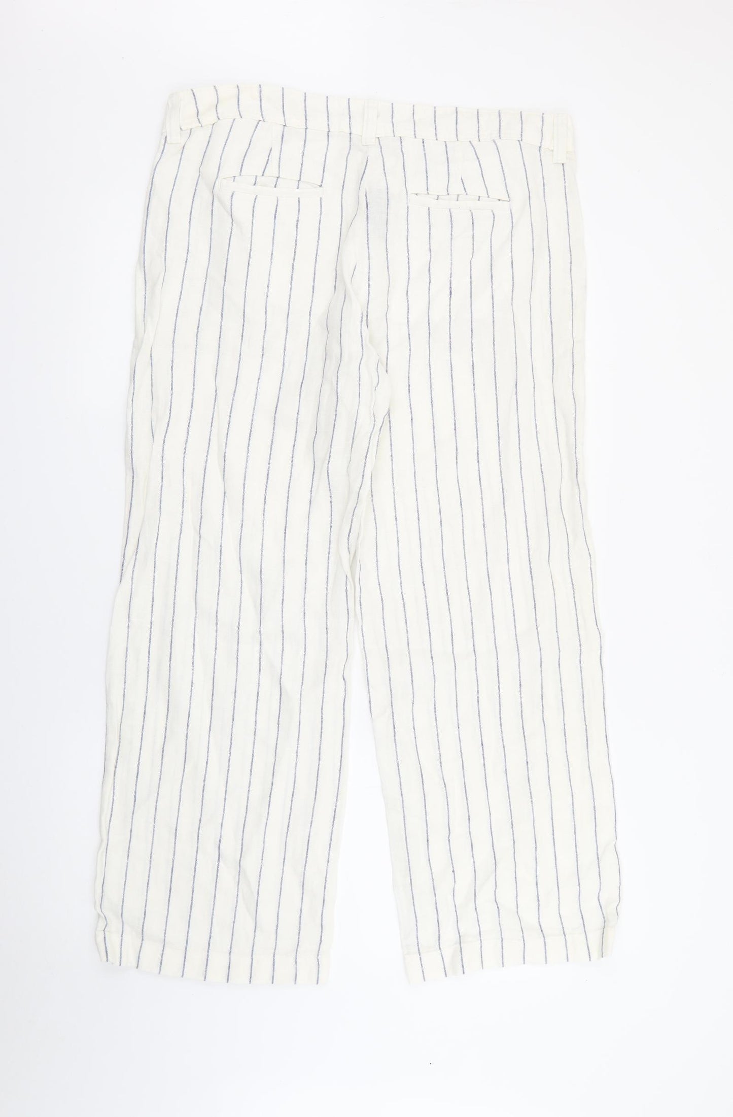 Marks and Spencer Womens White Striped Linen Trousers  Size 16 L28 in Regular Zip