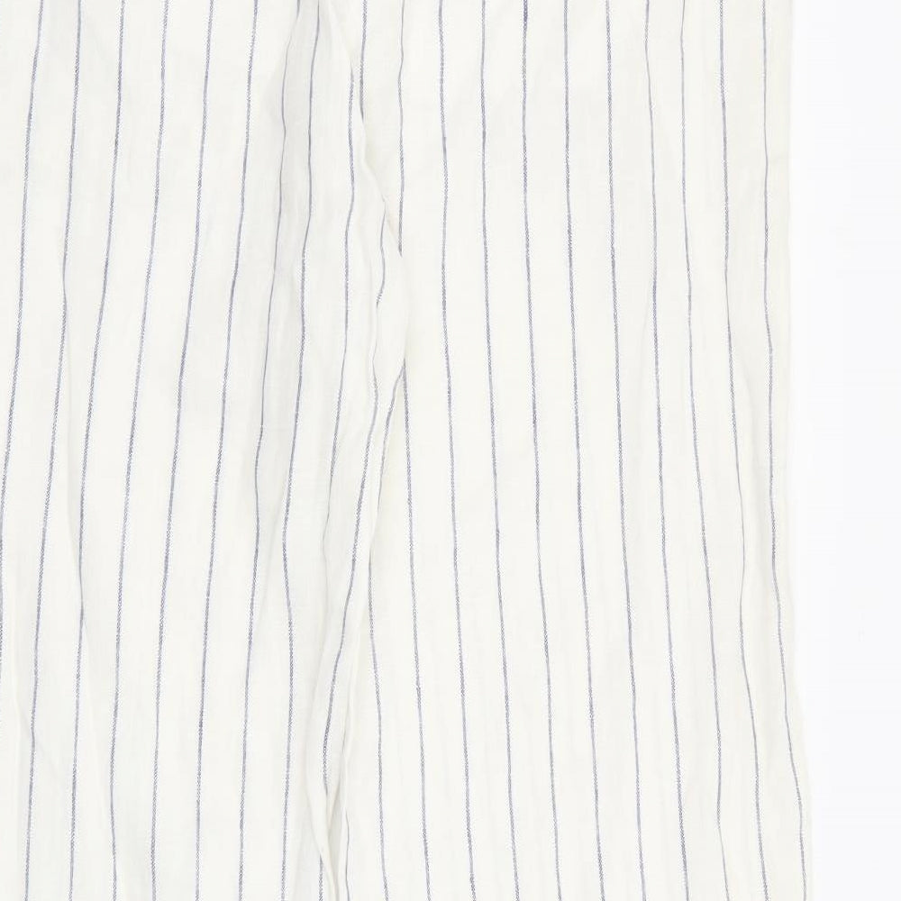 Marks and Spencer Womens White Striped Linen Trousers  Size 16 L28 in Regular Zip