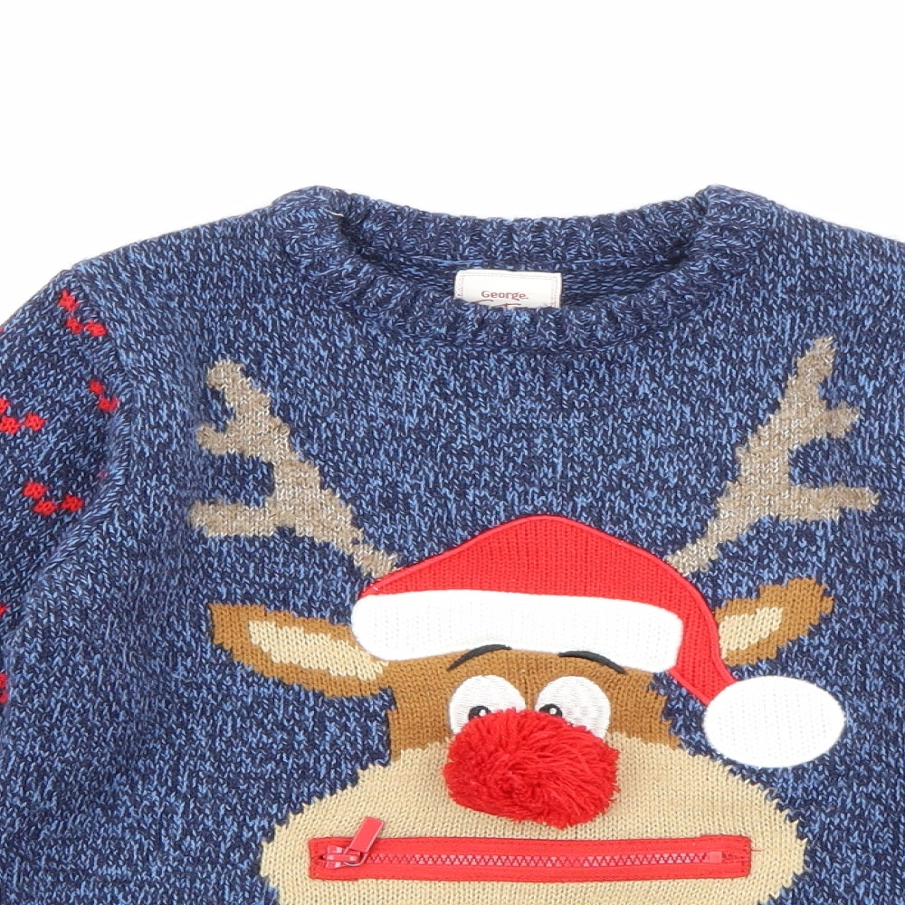 George Boys Blue Crew Neck  Acrylic Pullover Jumper Size 5-6 Years   - Rudolph Christmas Jumper