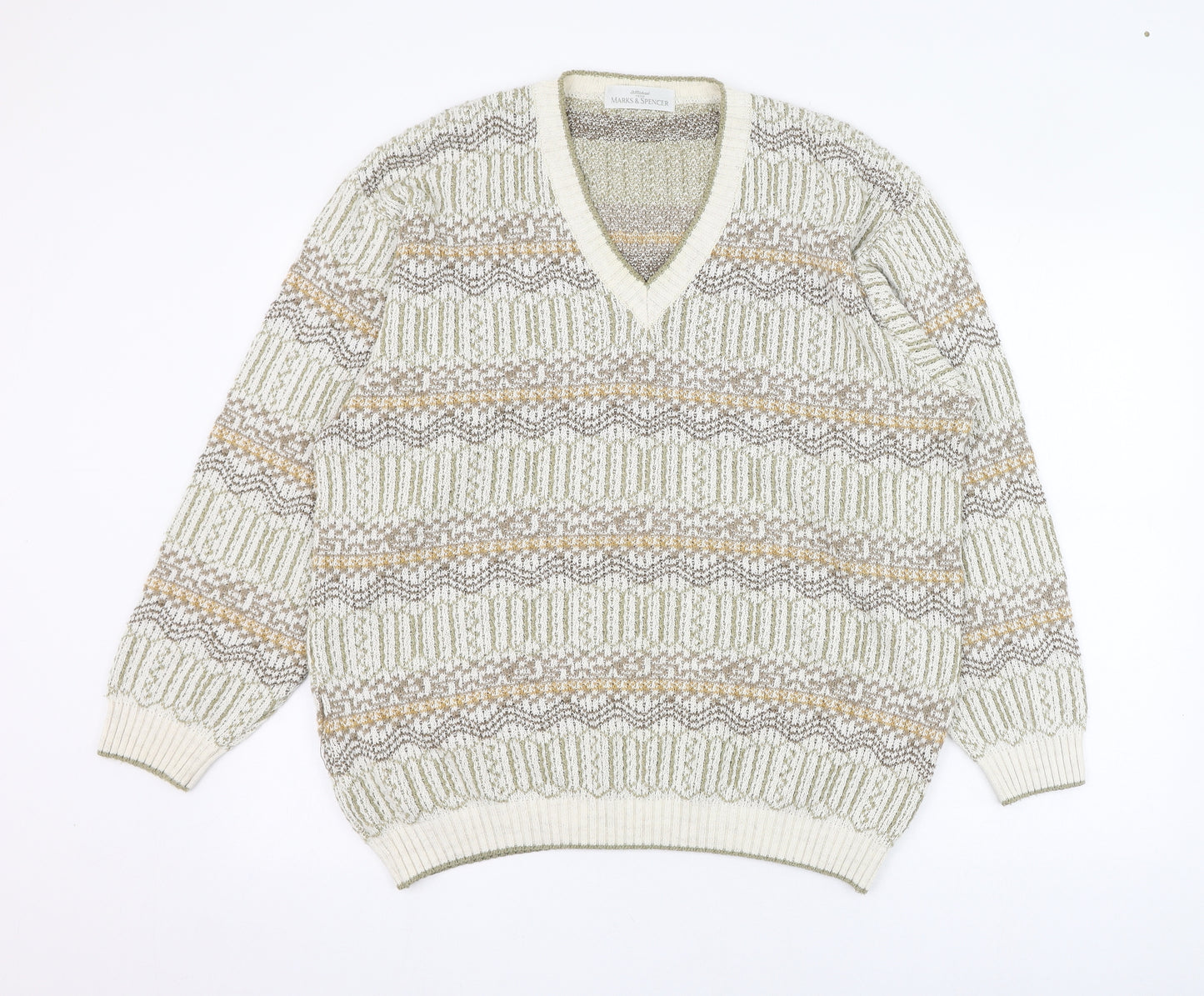 Marks and Spencer Mens Ivory V-Neck Geometric Acrylic Pullover Jumper Size M