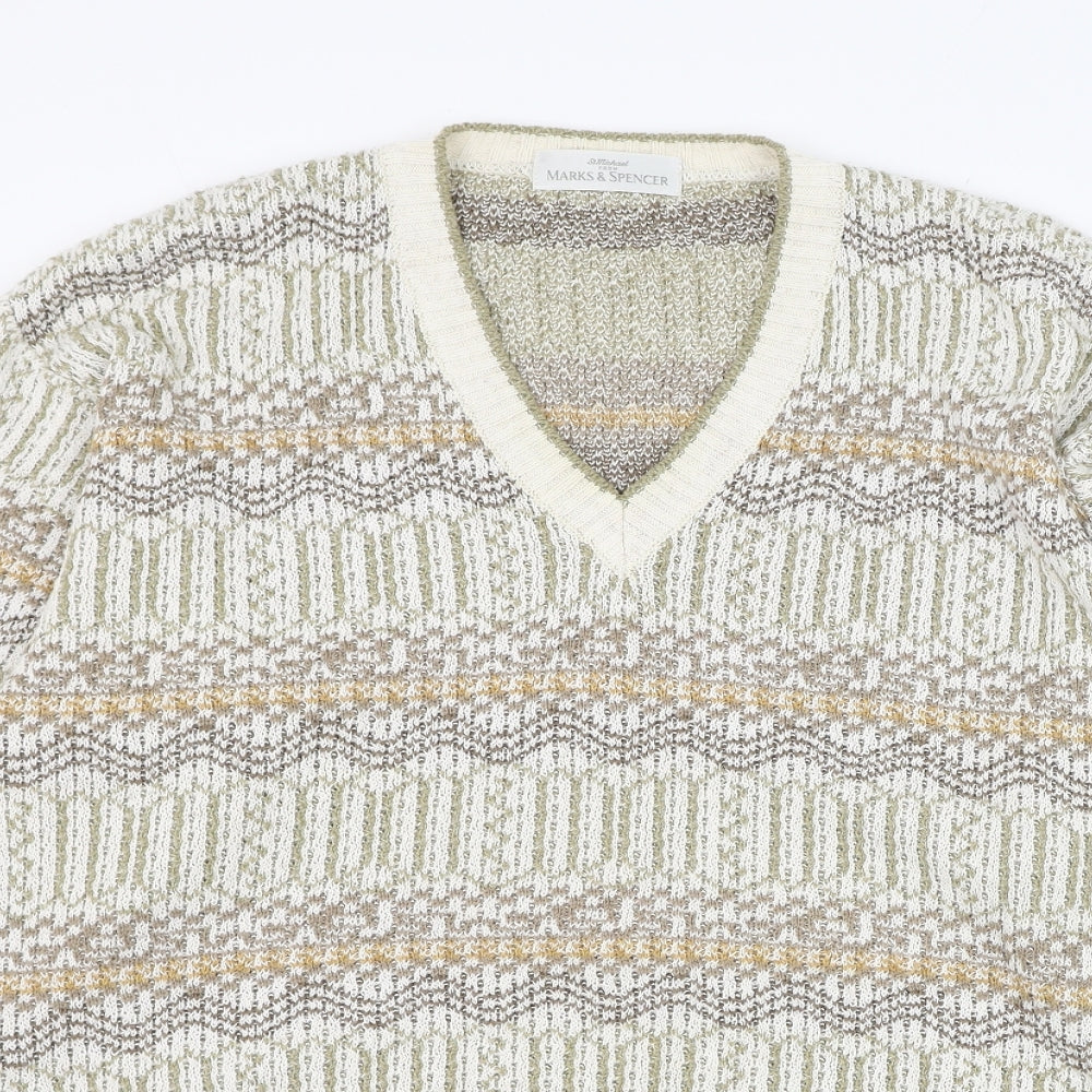 Marks and Spencer Mens Ivory V-Neck Geometric Acrylic Pullover Jumper Size M