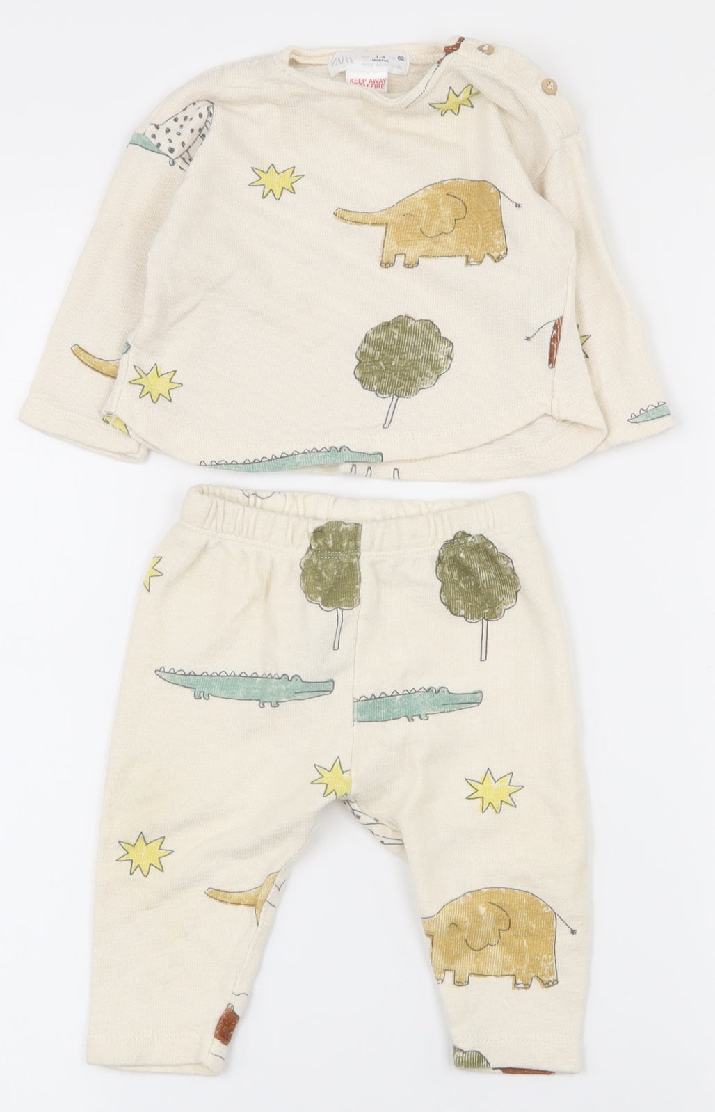 Zara Baby Beige  100% Cotton Trousers Outfit/Set Size 0-3 Months  Button - Animal pattern