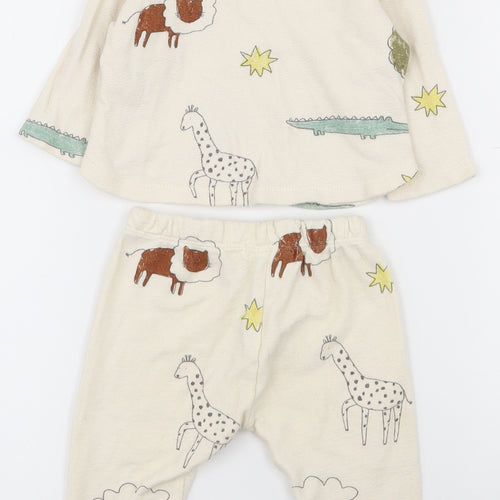 Zara Baby Beige  100% Cotton Trousers Outfit/Set Size 0-3 Months  Button - Animal pattern