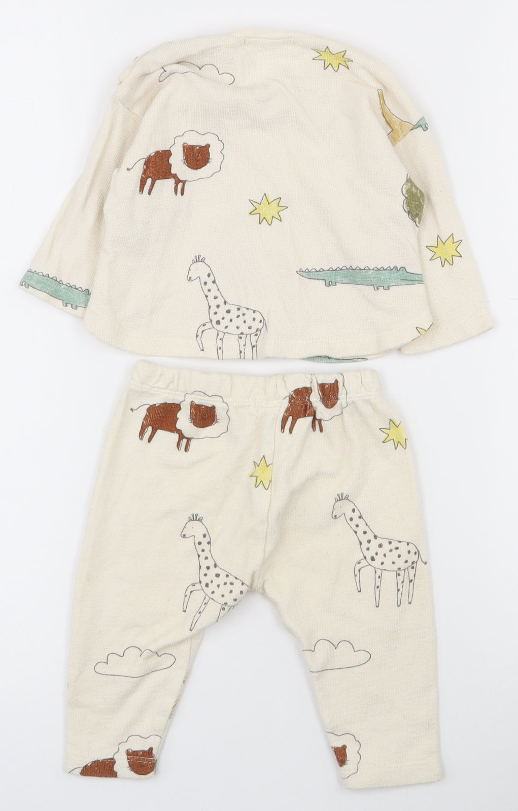 Zara Baby Beige  100% Cotton Trousers Outfit/Set Size 0-3 Months  Button - Animal pattern