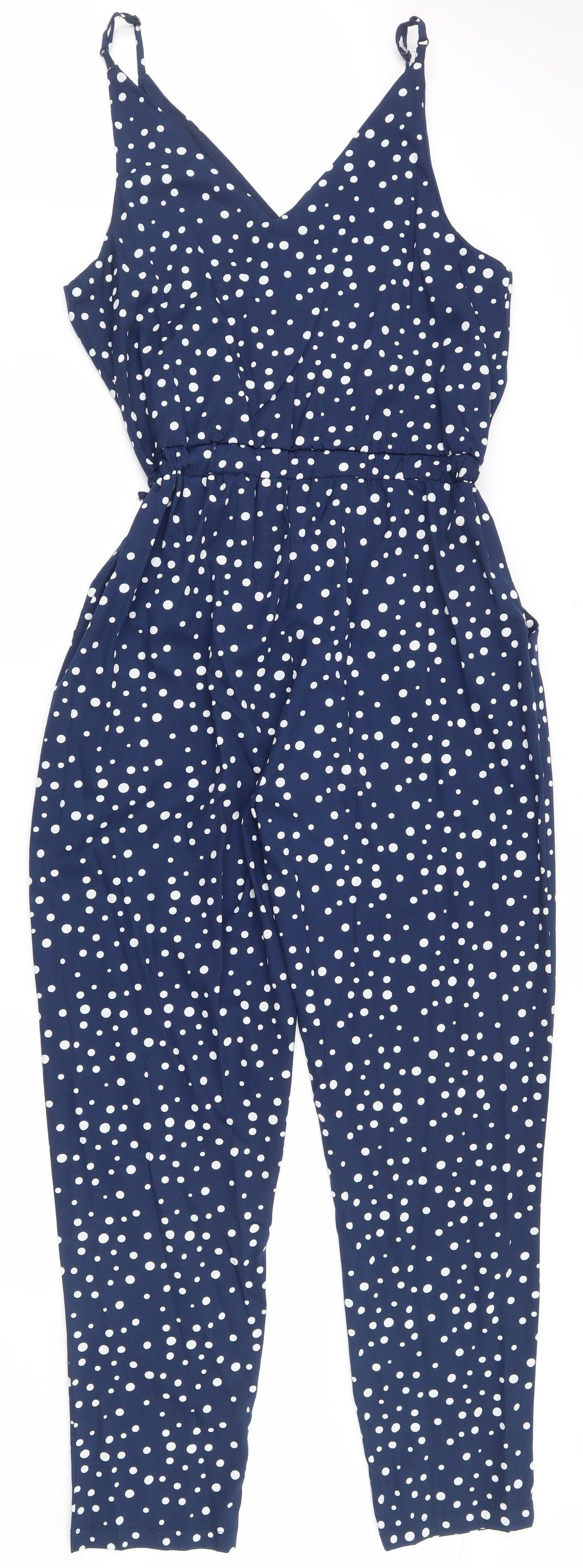 Mela London Womens Blue Polka Dot 100% Polyester Jumpsuit One-Piece Size 10 L27 in Pullover
