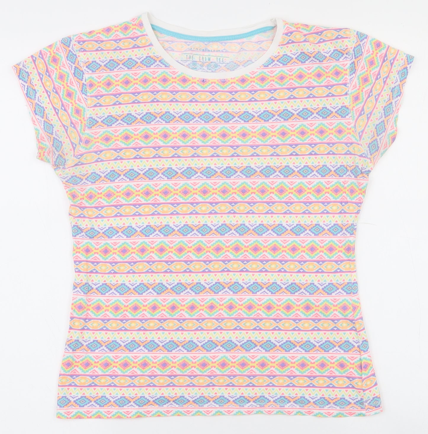 Atmosphere Womens Multicoloured Geometric 100% Cotton Basic T-Shirt Size 10 Round Neck