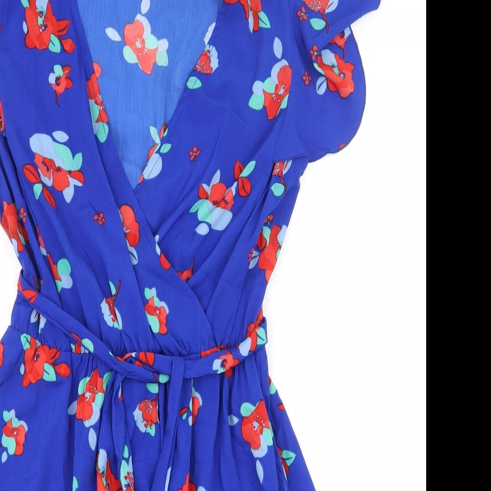 Dunnes Stores Womens Blue Floral Polyester Fit & Flare  Size 8  V-Neck Pullover