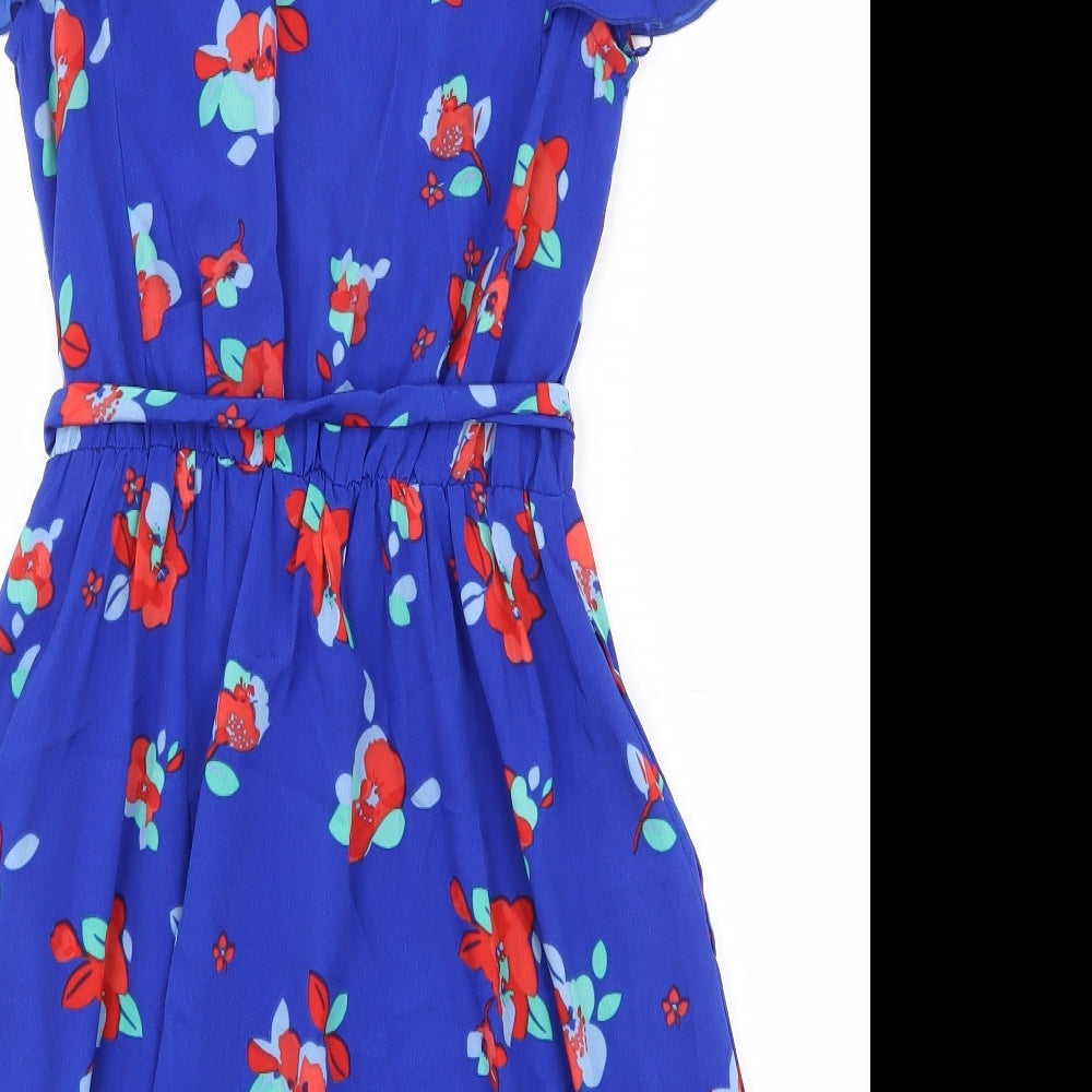 Dunnes Stores Womens Blue Floral Polyester Fit & Flare  Size 8  V-Neck Pullover