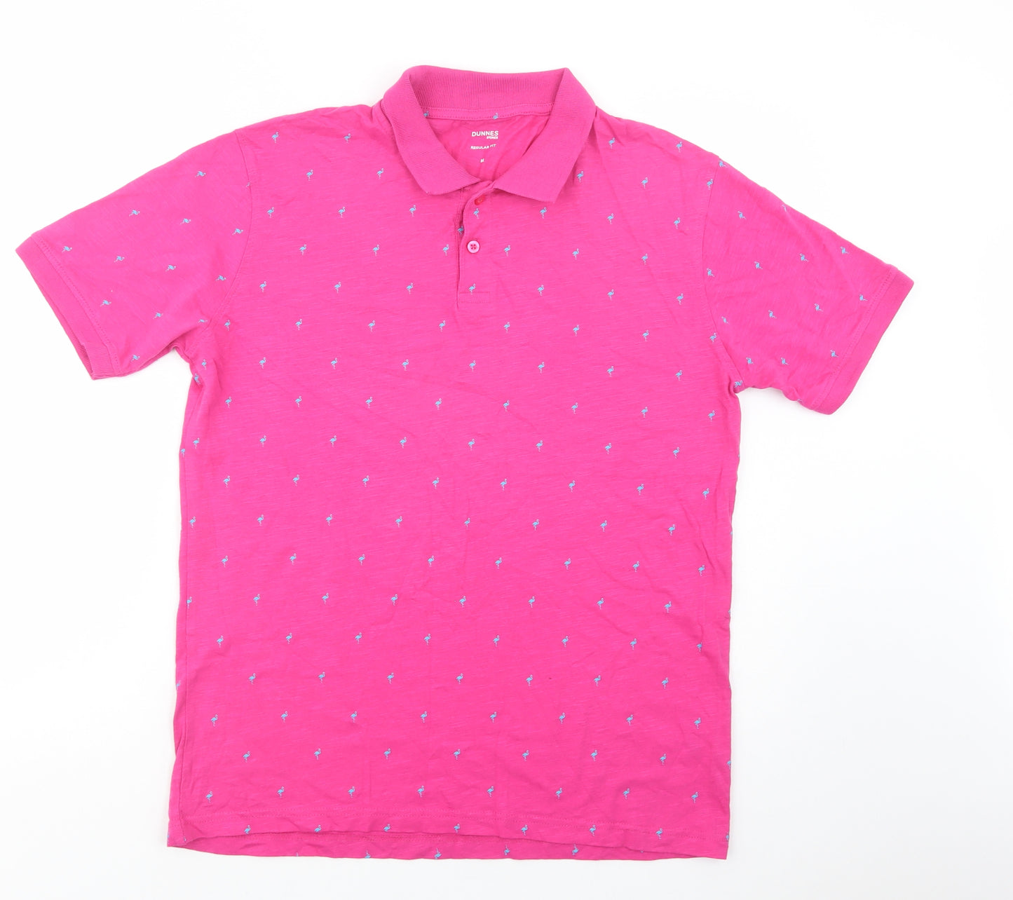 Dunnes Stores Mens Pink Geometric Cotton  Polo Size M Collared Button - Flamingo Print