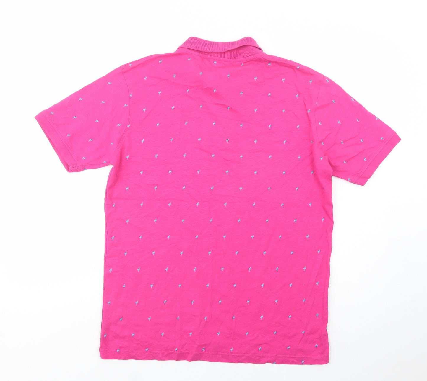 Dunnes Stores Mens Pink Geometric Cotton  Polo Size M Collared Button - Flamingo Print