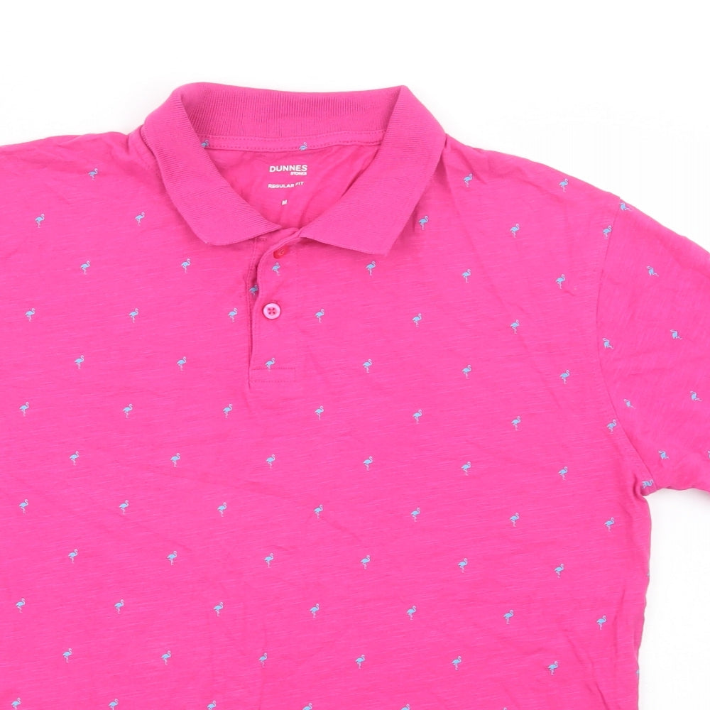Dunnes Stores Mens Pink Geometric Cotton  Polo Size M Collared Button - Flamingo Print