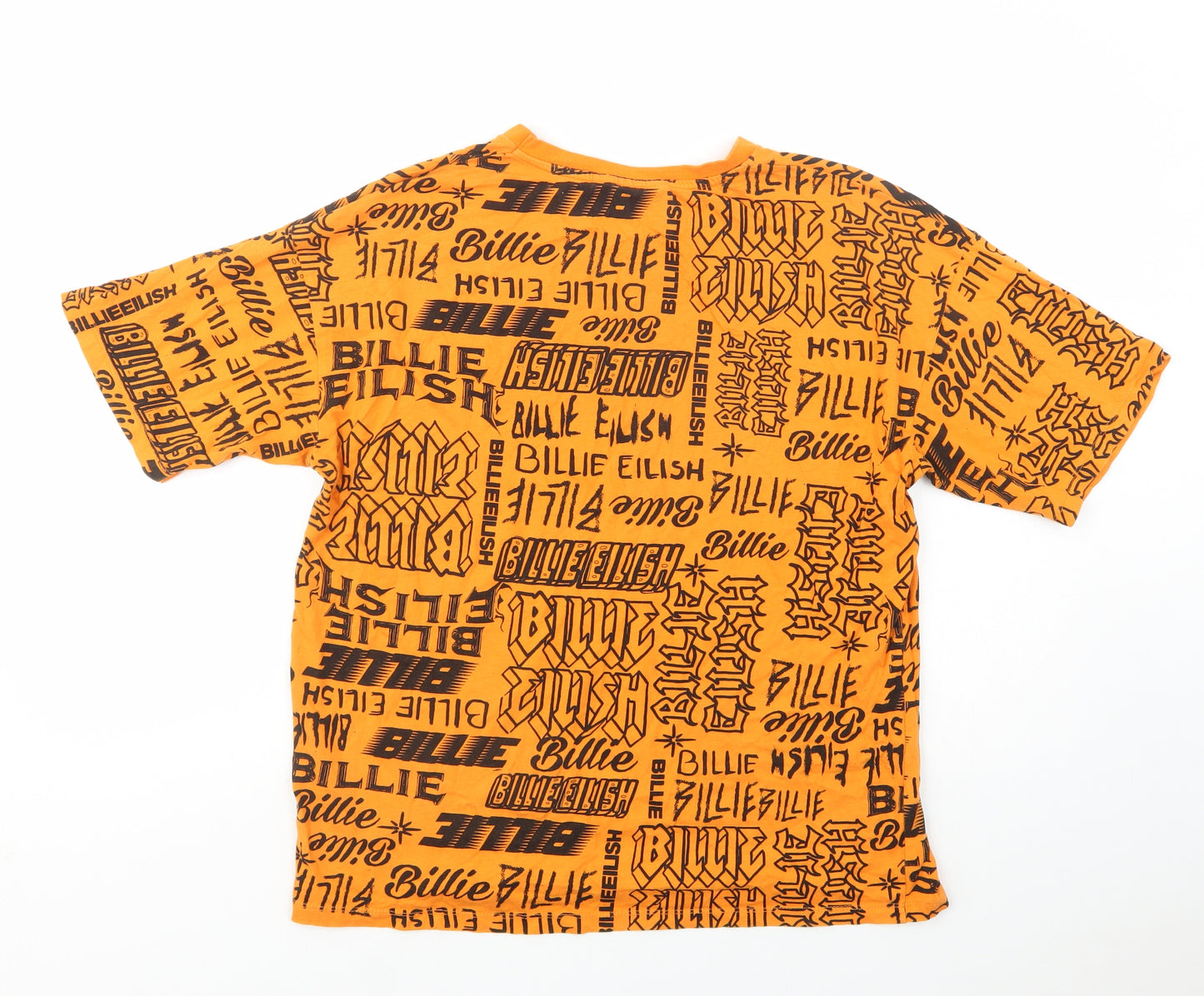 Primark Womens Orange Geometric Cotton Basic T-Shirt Size 10 Crew Neck - Billie Eilish